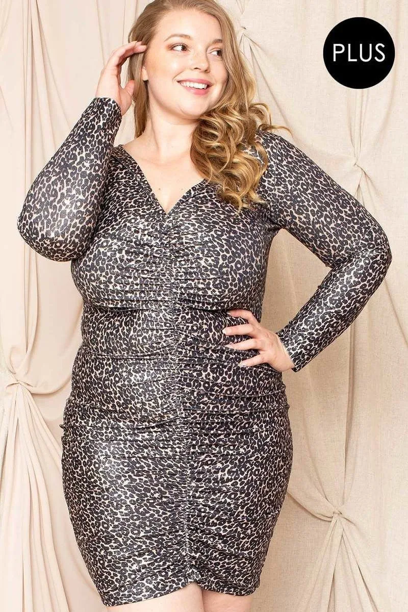 Shirring Leopard Print Plus Size Mini Dress