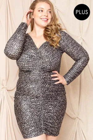 Shirring Leopard Print Plus Size Mini Dress