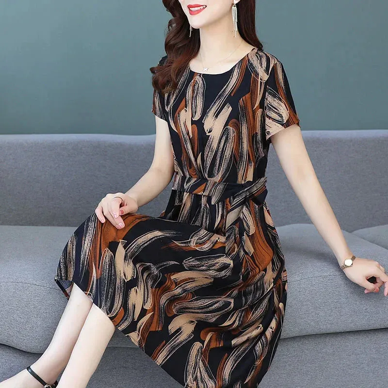 Short Sleeve Ice Silk Floral Print Midi Dress