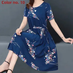 Short Sleeve Ice Silk Floral Print Midi Dress