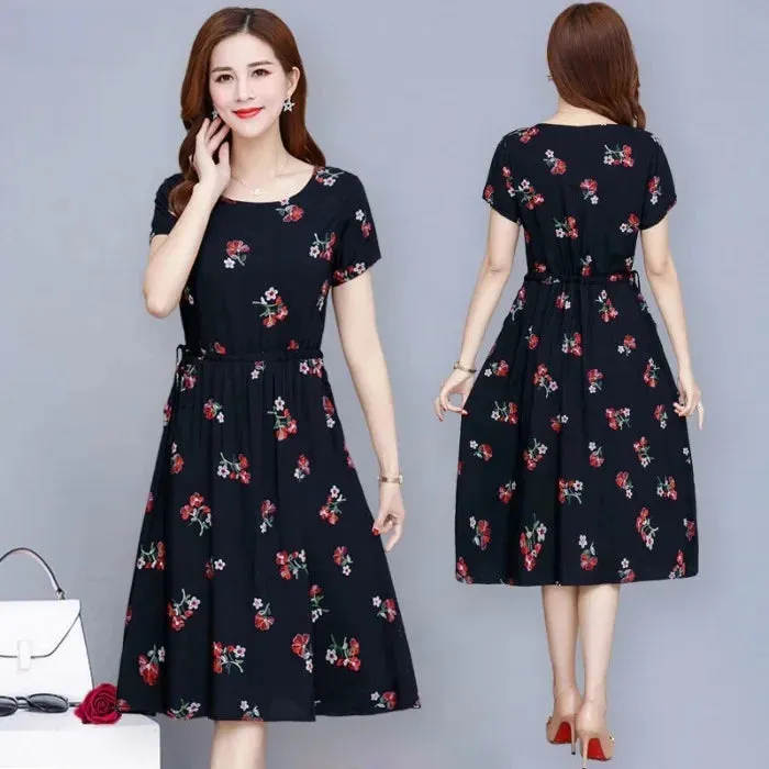 Short Sleeve Ice Silk Floral Print Midi Dress