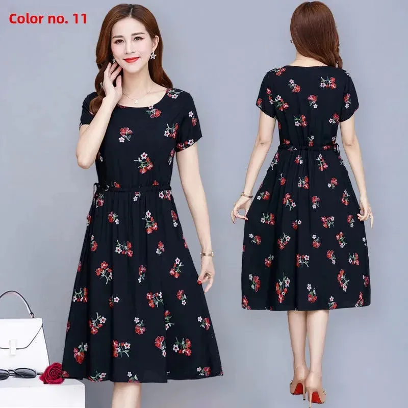Short Sleeve Ice Silk Floral Print Midi Dress