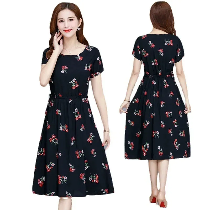 Short Sleeve Ice Silk Floral Print Midi Dress