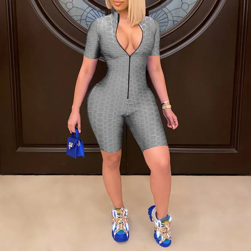 Short Sleeve Zipper V-Neck Bodycon Romper