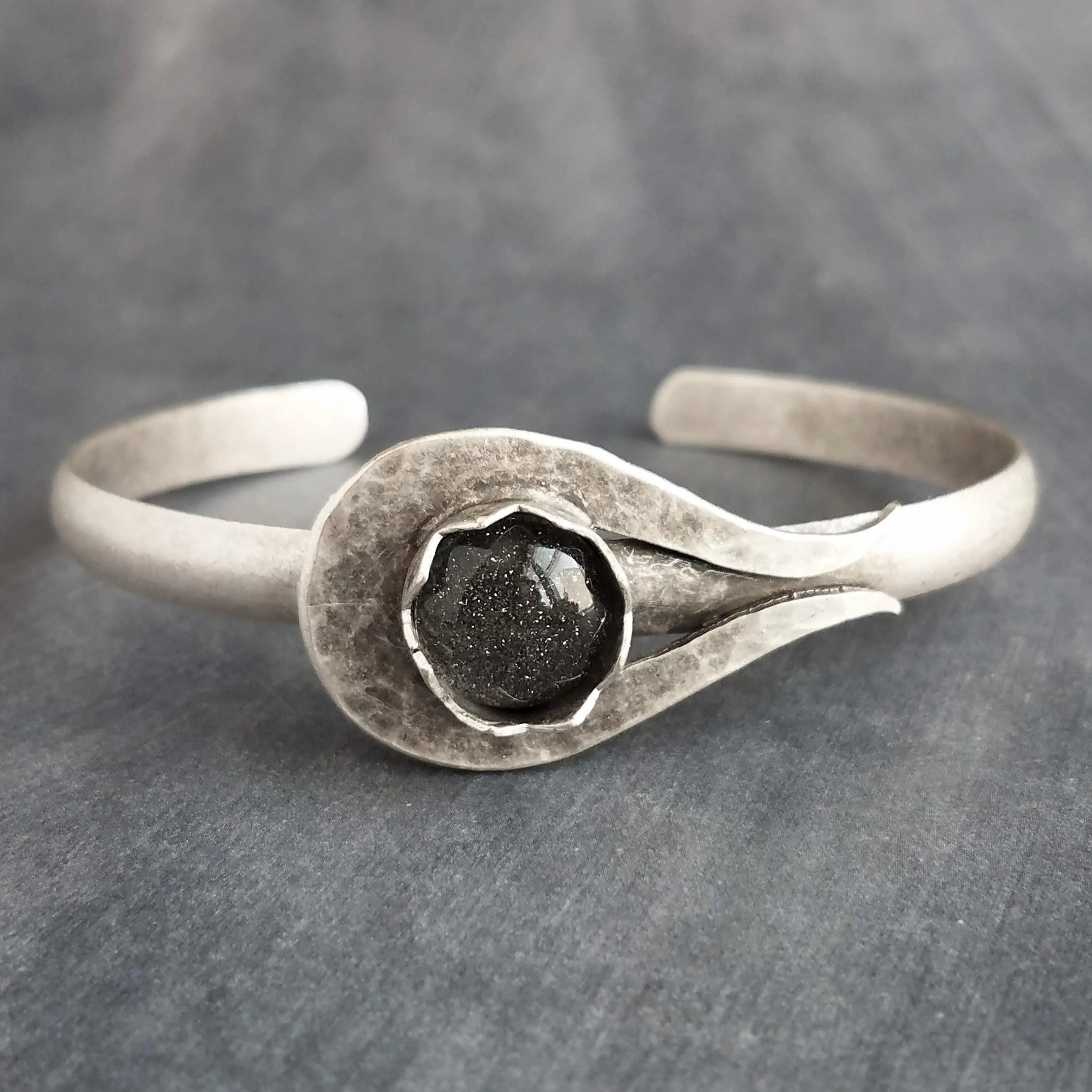 Silver Cuff Bracelet, grey glass stone center bracelet, heavy cuff, oxidized silver, antique silver chunky bracelet, gray sparkle glitter