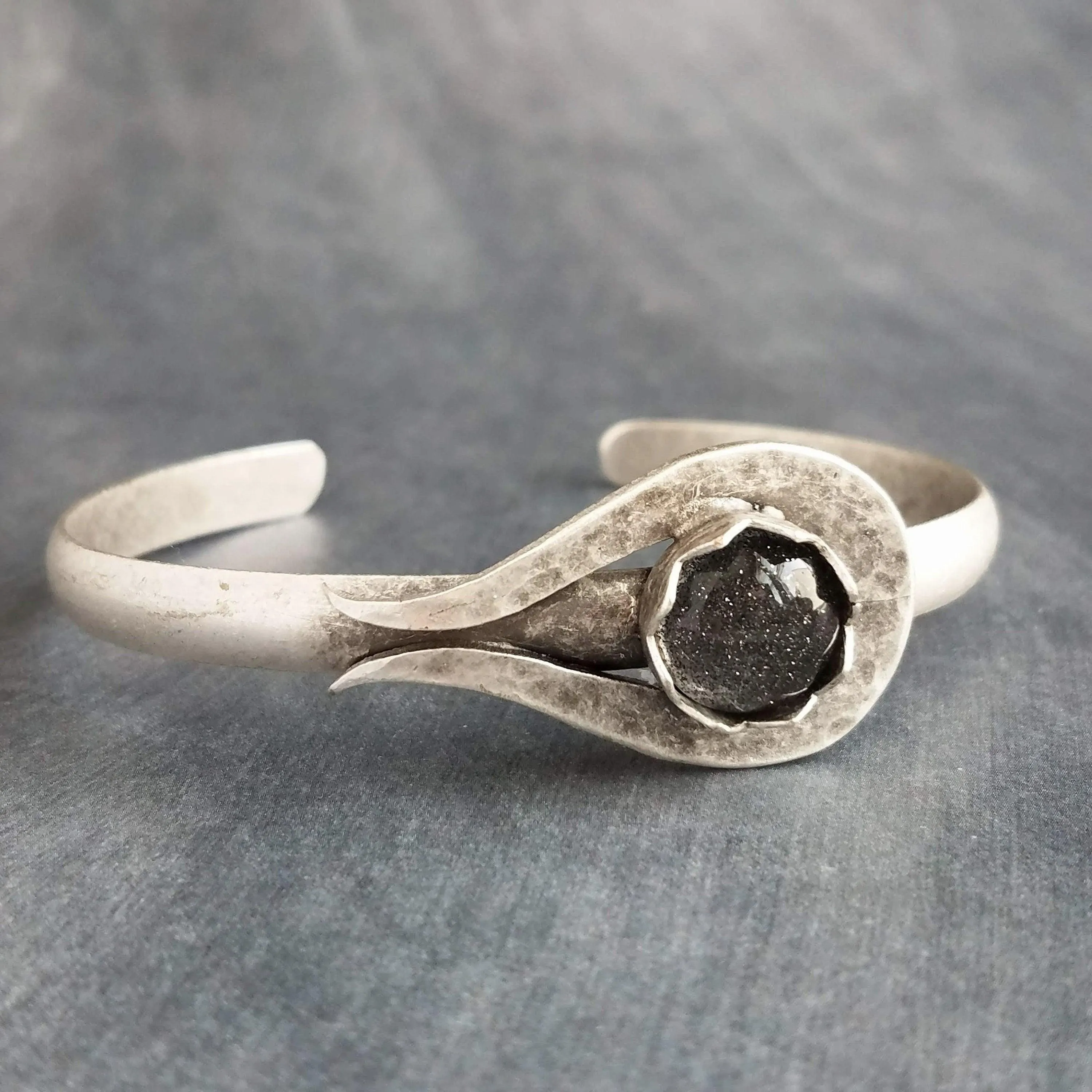 Silver Cuff Bracelet, grey glass stone center bracelet, heavy cuff, oxidized silver, antique silver chunky bracelet, gray sparkle glitter