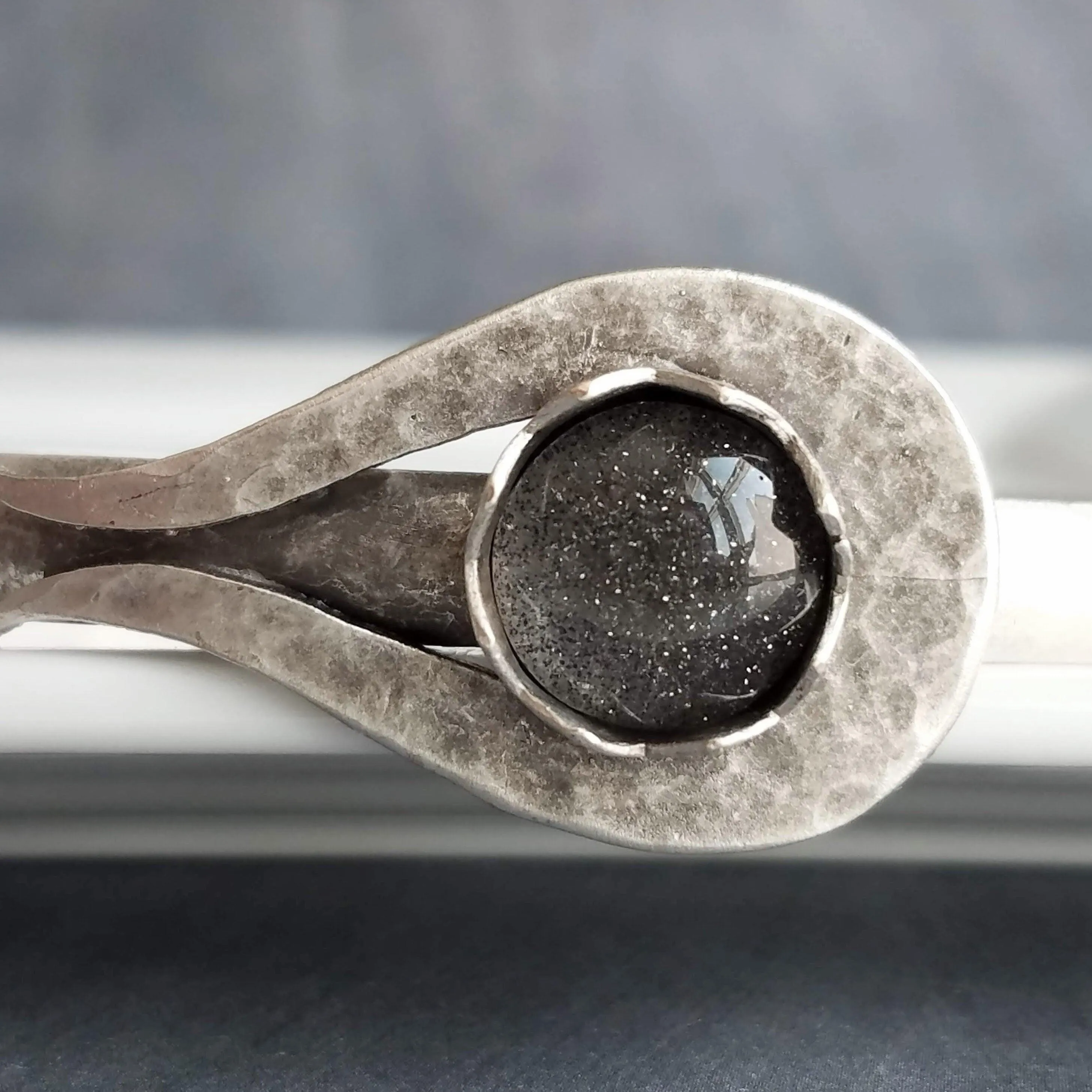 Silver Cuff Bracelet, grey glass stone center bracelet, heavy cuff, oxidized silver, antique silver chunky bracelet, gray sparkle glitter