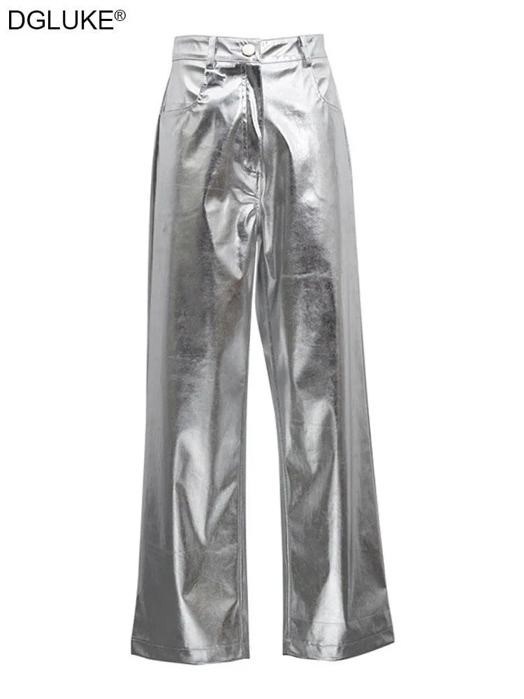 Silver Metalic Faux Leather Pants High Waist Long Night Club Wear