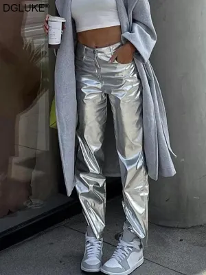 Silver Metalic Faux Leather Pants High Waist Long Night Club Wear