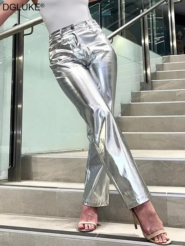 Silver Metalic Faux Leather Pants High Waist Long Night Club Wear