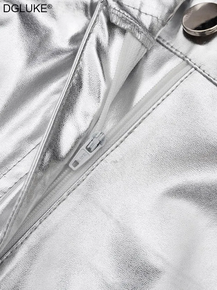 Silver Metalic Faux Leather Pants High Waist Long Night Club Wear