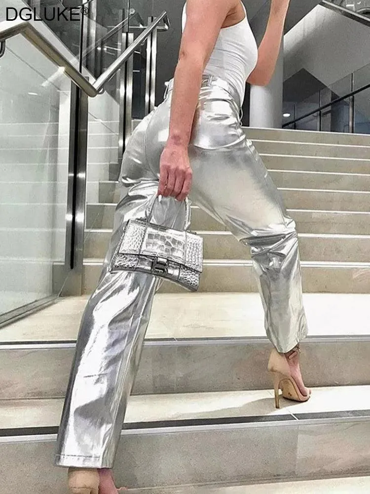 Silver Metalic Faux Leather Pants High Waist Long Night Club Wear