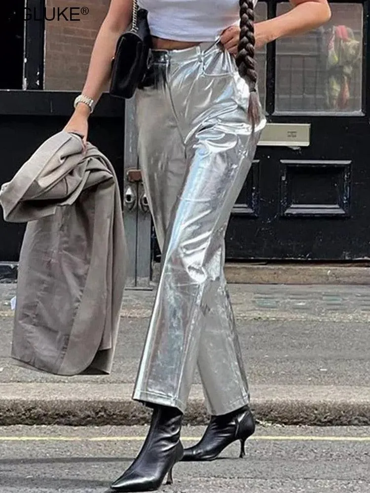Silver Metalic Faux Leather Pants High Waist Long Night Club Wear