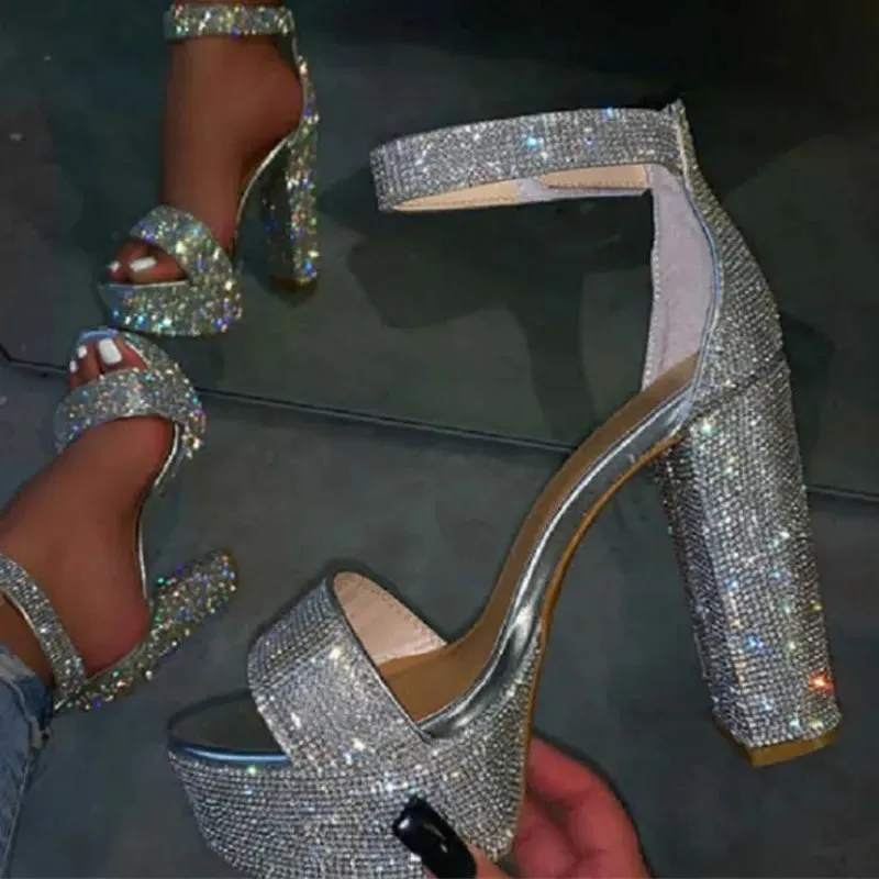 Silver Rhinestone Platform Sandals with Ankle Strap and Square High Heels for Summer