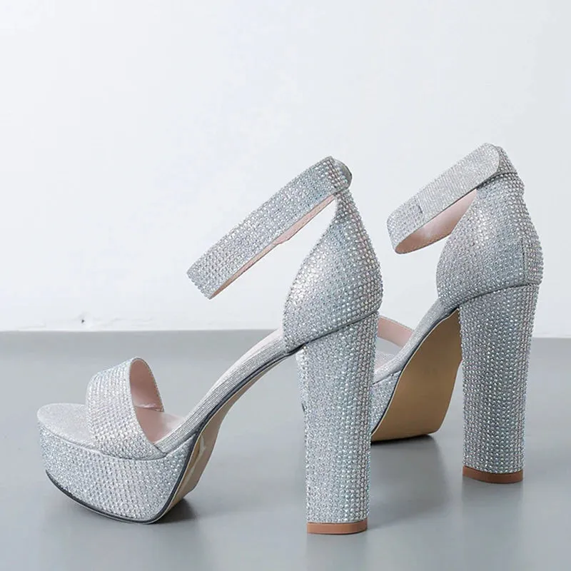 Silver Rhinestone Platform Sandals with Ankle Strap and Square High Heels for Summer