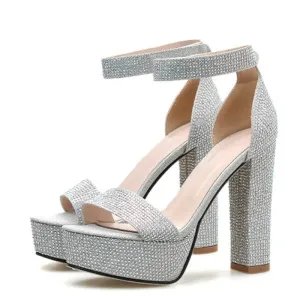 Silver Rhinestone Platform Sandals with Ankle Strap and Square High Heels for Summer