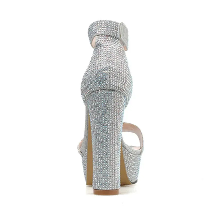 Silver Rhinestone Platform Sandals with Ankle Strap and Square High Heels for Summer