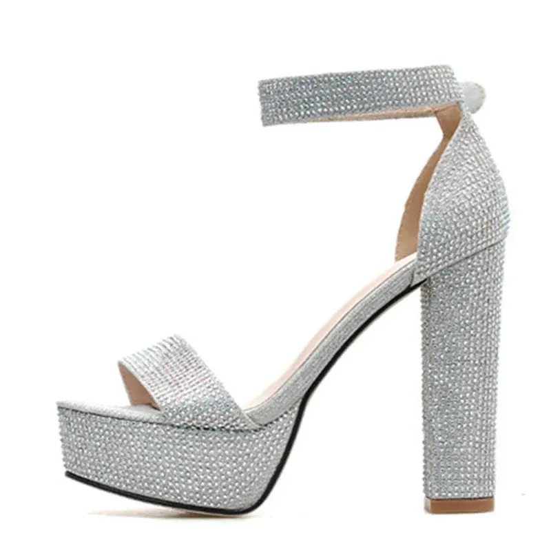 Silver Rhinestone Platform Sandals with Ankle Strap and Square High Heels for Summer