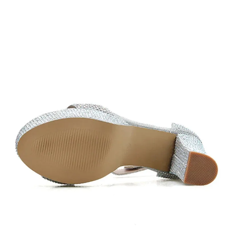 Silver Rhinestone Platform Sandals with Ankle Strap and Square High Heels for Summer