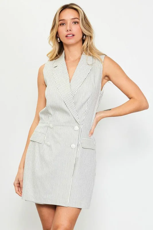 Skies Are Blue Pinstriped Double Breasted Romper