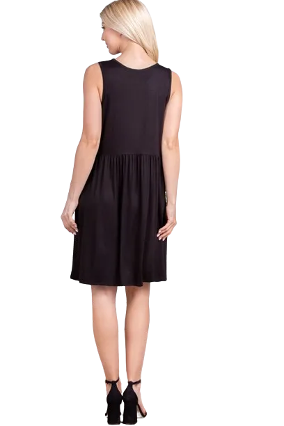 Sleeveless Round Neck Solid Babydoll Dress with Side Pocket Detail X Size Black - Pack of 6