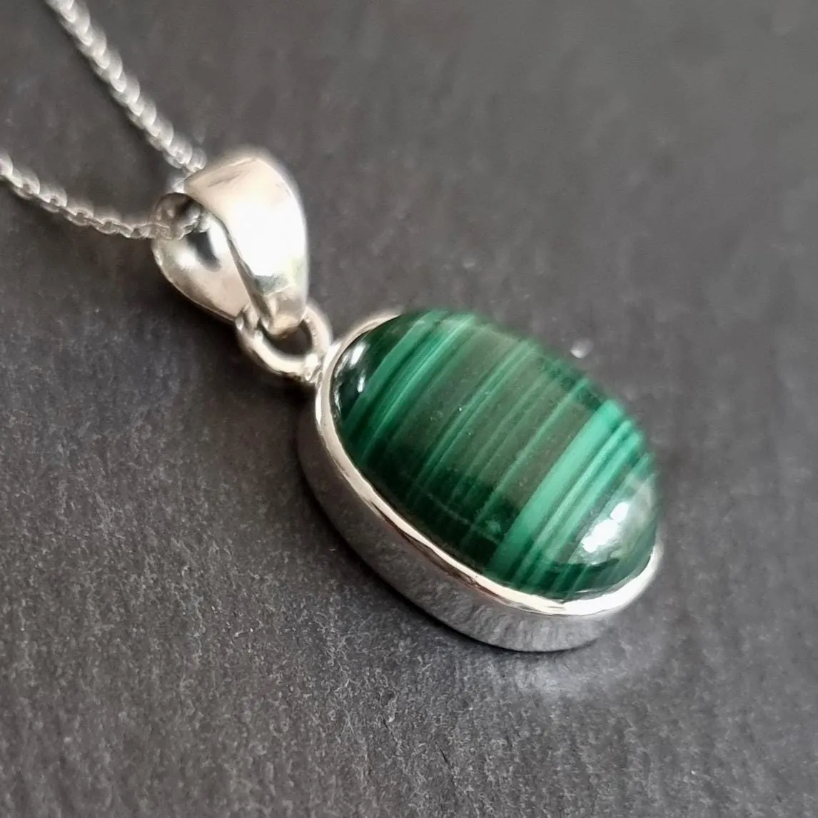 Small Oval Malachite 925 Sterling Silver Pendant, Stone Size 15mm x 12mm, P10MAL