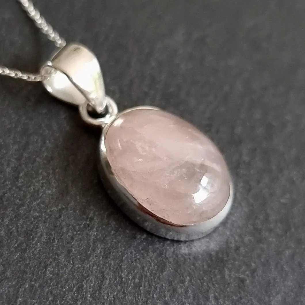 Small Oval Rose Quartz 925 Sterling Silver Pendant, Stone Size 15mm x 12mm, P10RQ
