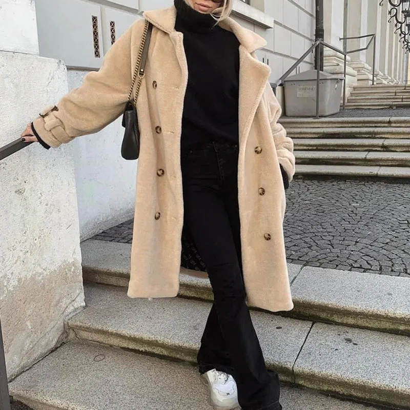 Soft Cozy Solid Double Breasted Faux Fur Coat