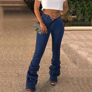 Solid Button Detailed High Waist Stacket Jeans