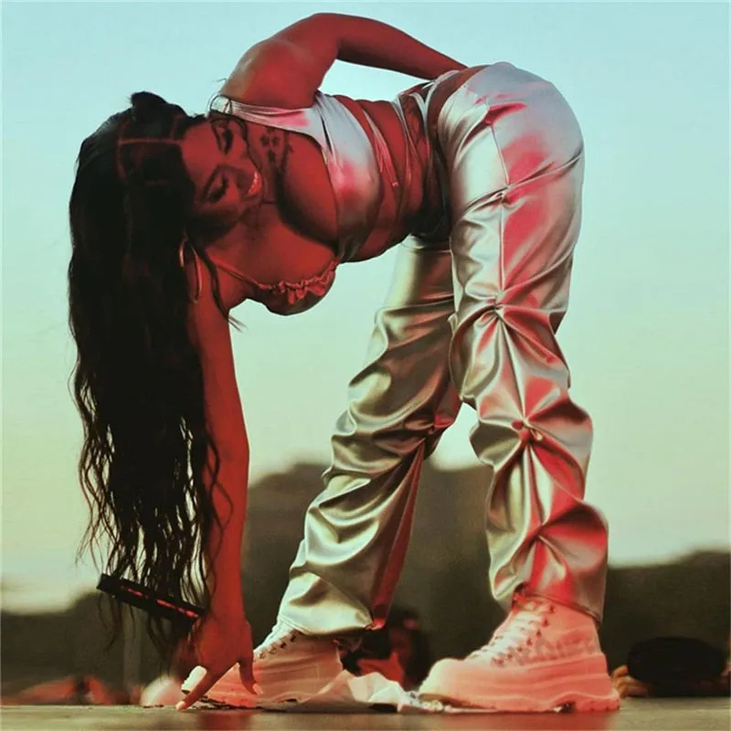 Solid Faux Leather Shiny Women Pants Irregular Shape