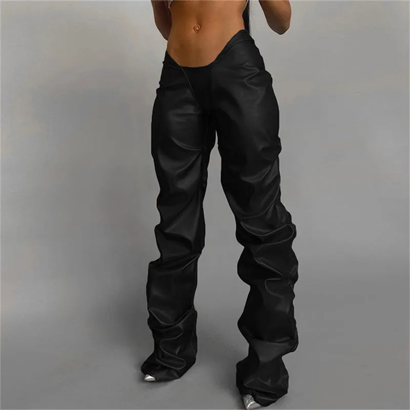 Solid Faux Leather Shiny Women Pants Irregular Shape
