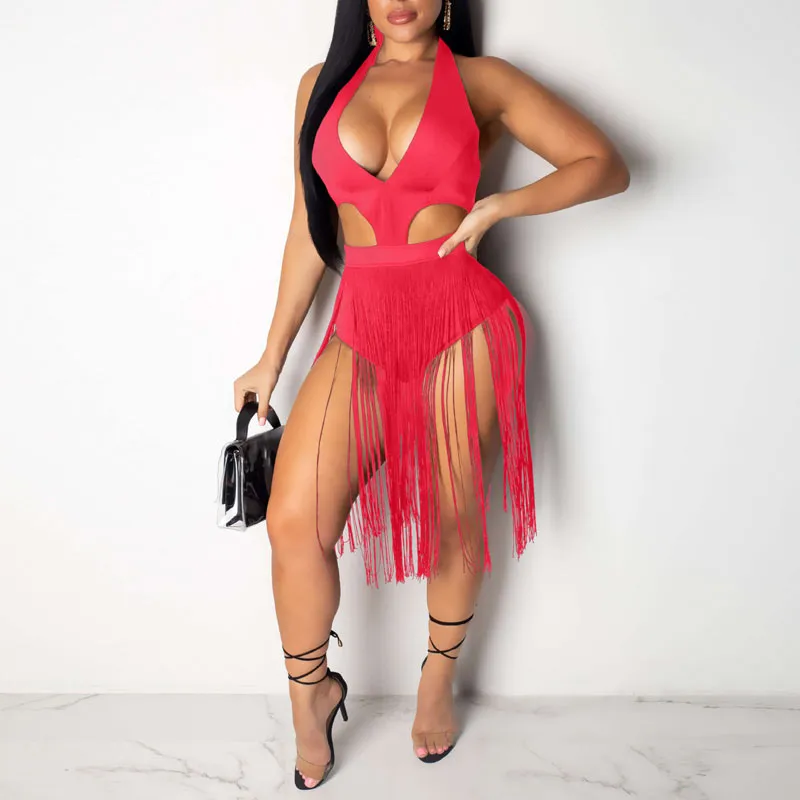 Solid Hollow Out Tassel Design Romper