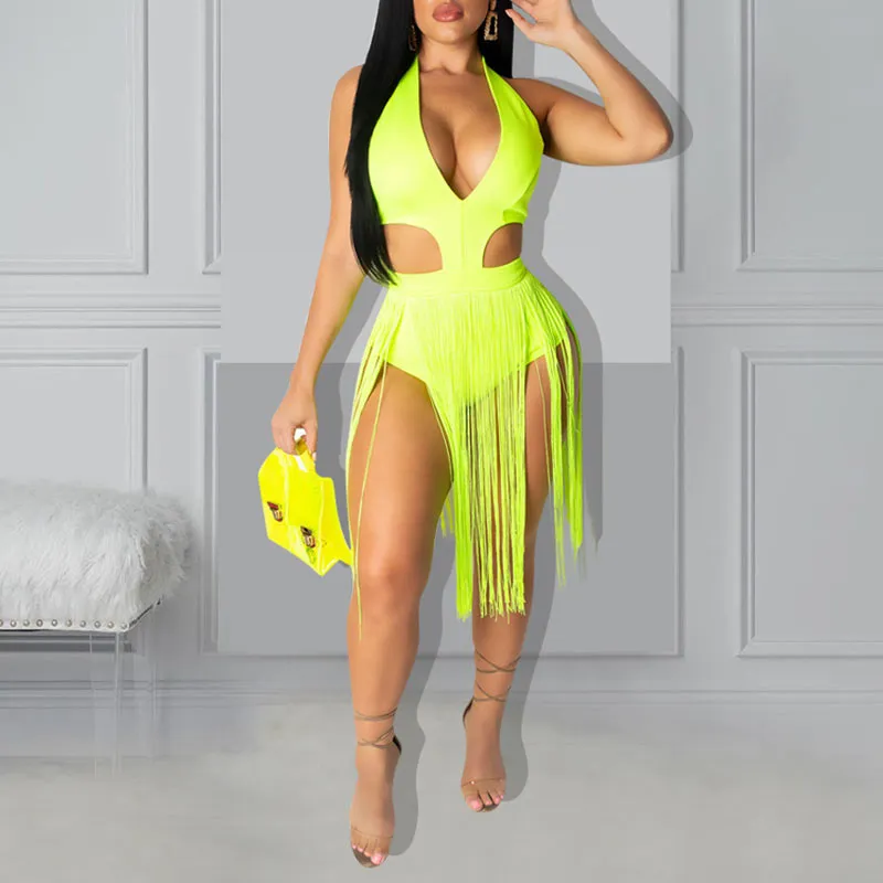 Solid Hollow Out Tassel Design Romper