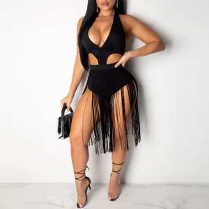 Solid Hollow Out Tassel Design Romper