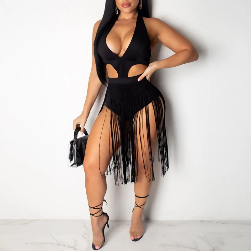 Solid Hollow Out Tassel Design Romper