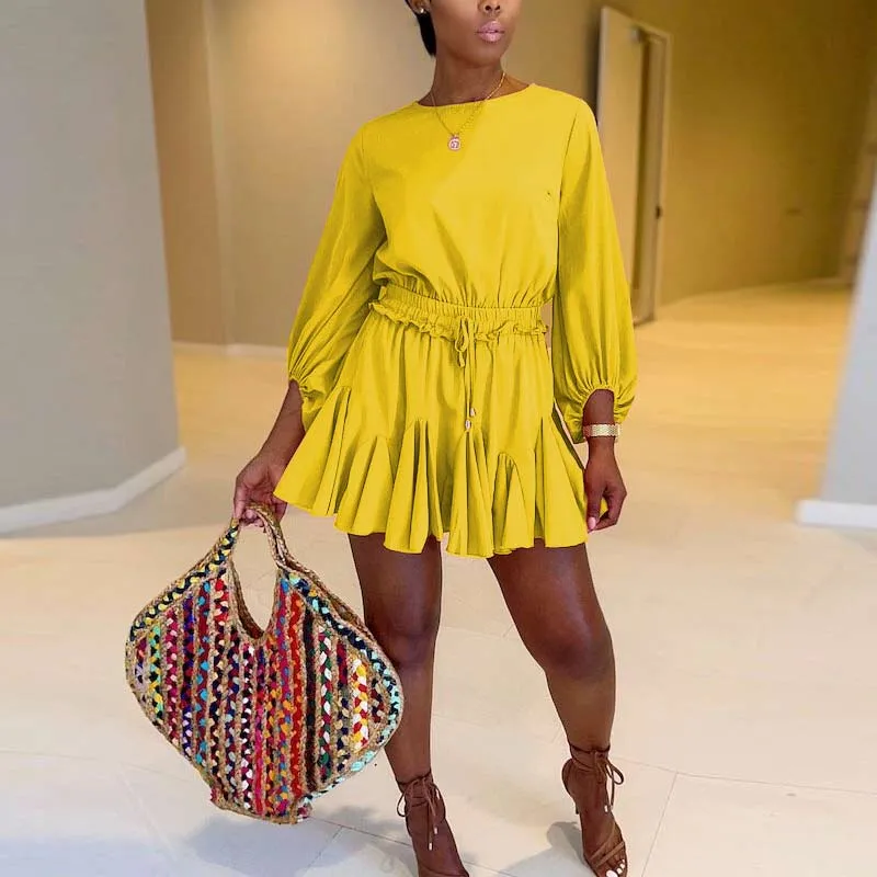 Solid Long Sleeve Drawstring Ruffle Design Romper