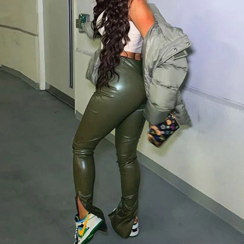 Solid PU Leather High Waist Side Slit Pencil Pants