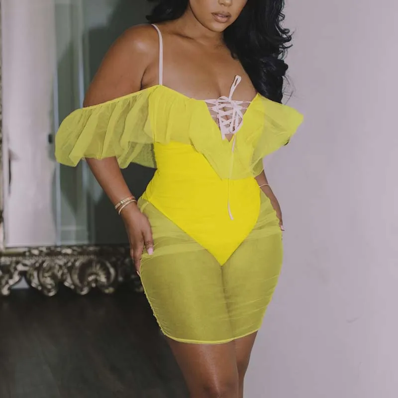 Solid Sleeveless Lace Up Sheer Mesh Romper