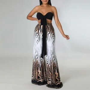 Solid Tied Bandeau Top & Print Wide Leg Pants Set