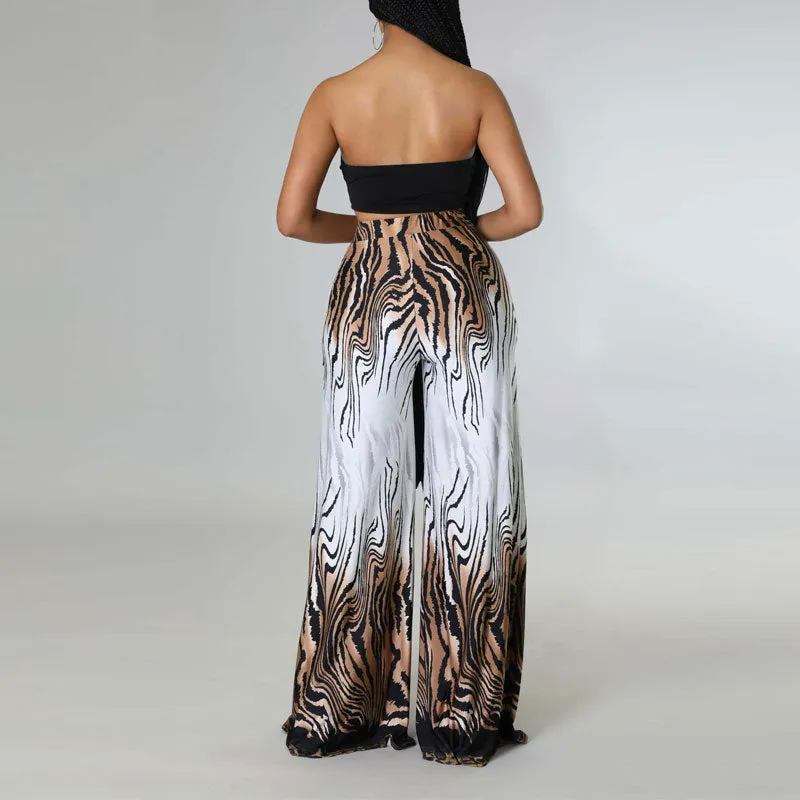 Solid Tied Bandeau Top & Print Wide Leg Pants Set