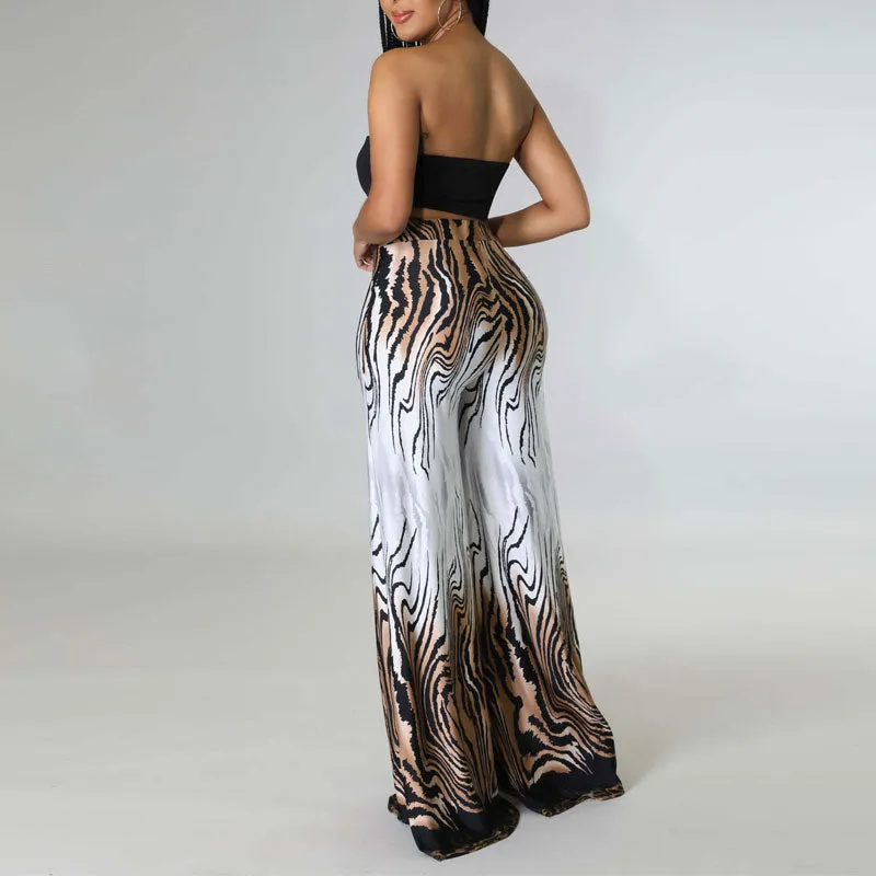 Solid Tied Bandeau Top & Print Wide Leg Pants Set
