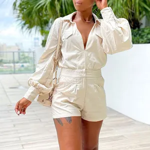 Solid V-Neck Lantern Sleeve Romper