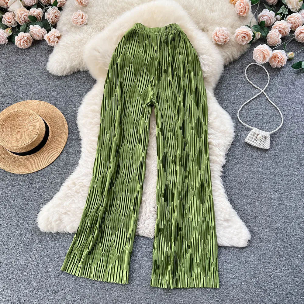 Spring and Summer High-Grade Sense Vintage Stripe Jacquard Design Sense Pleated Drooping Wide-Leg Pants Wide Hem Loose Casual Long Pants
