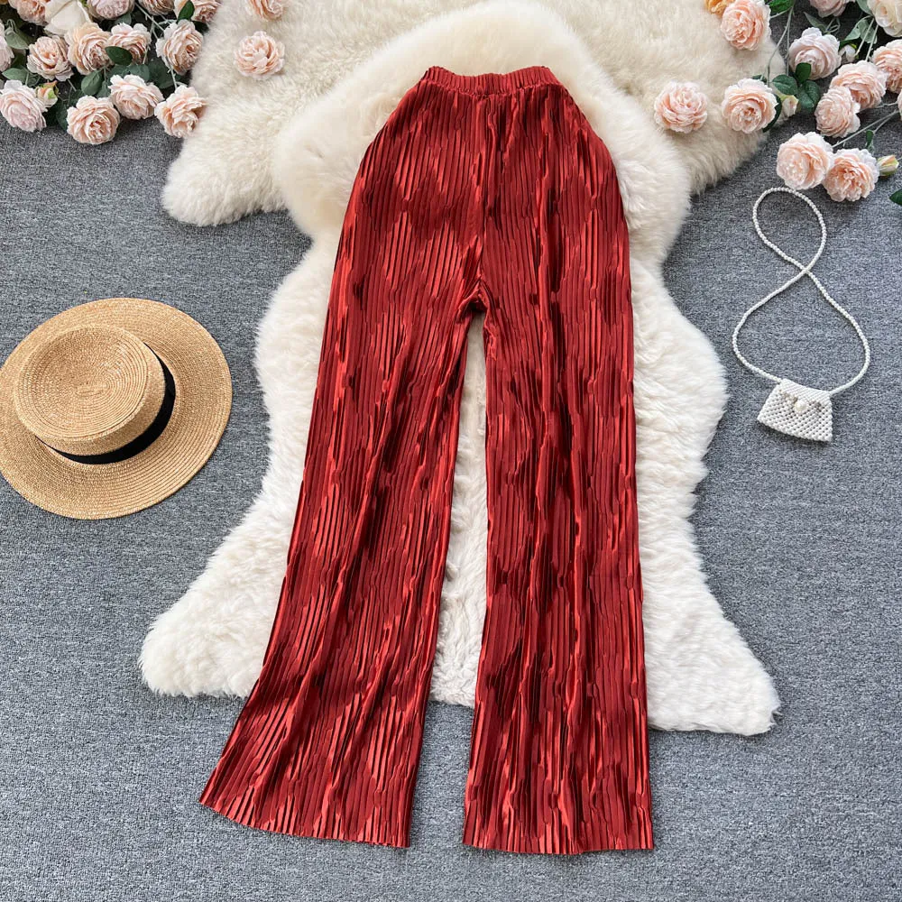 Spring and Summer High-Grade Sense Vintage Stripe Jacquard Design Sense Pleated Drooping Wide-Leg Pants Wide Hem Loose Casual Long Pants