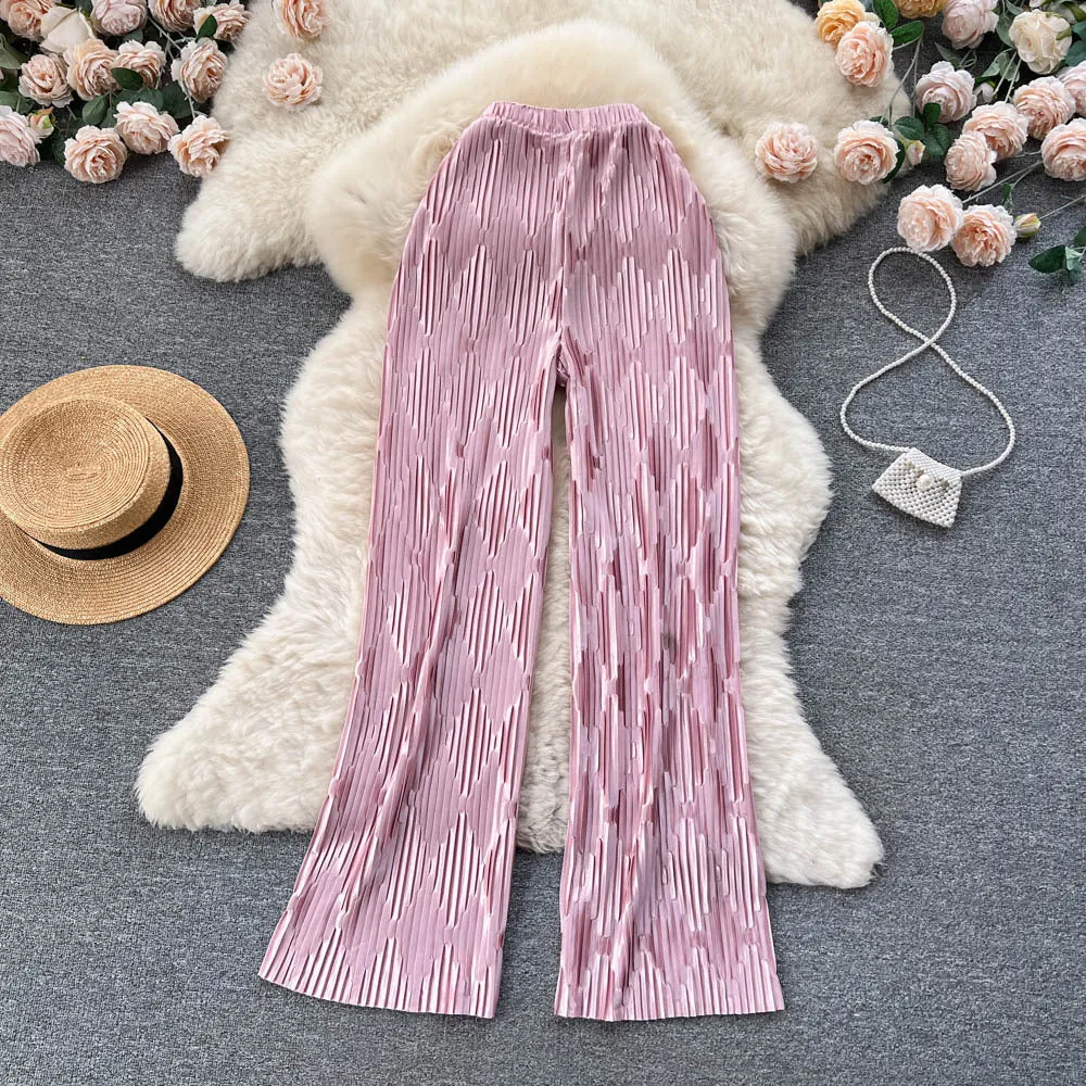 Spring and Summer High-Grade Sense Vintage Stripe Jacquard Design Sense Pleated Drooping Wide-Leg Pants Wide Hem Loose Casual Long Pants