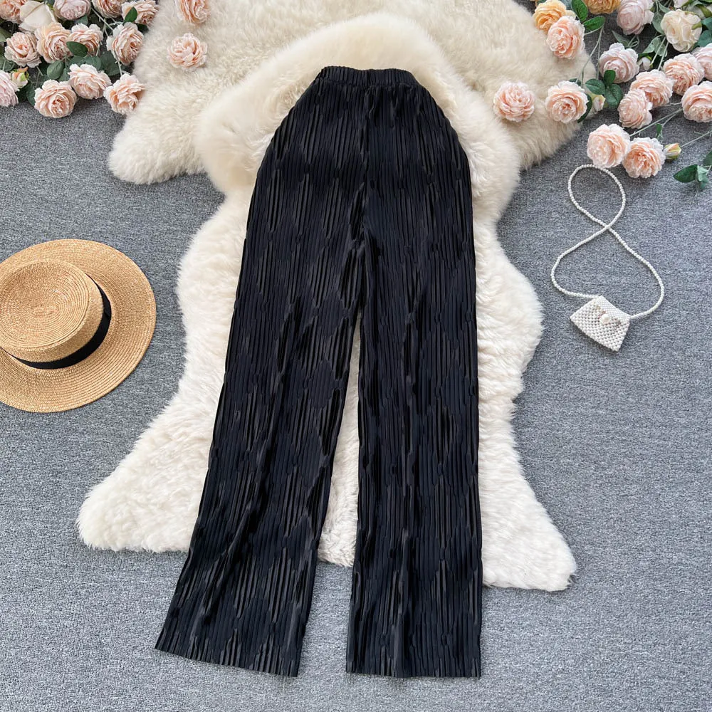 Spring and Summer High-Grade Sense Vintage Stripe Jacquard Design Sense Pleated Drooping Wide-Leg Pants Wide Hem Loose Casual Long Pants