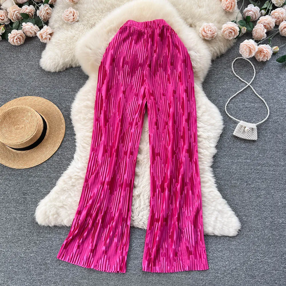 Spring and Summer High-Grade Sense Vintage Stripe Jacquard Design Sense Pleated Drooping Wide-Leg Pants Wide Hem Loose Casual Long Pants