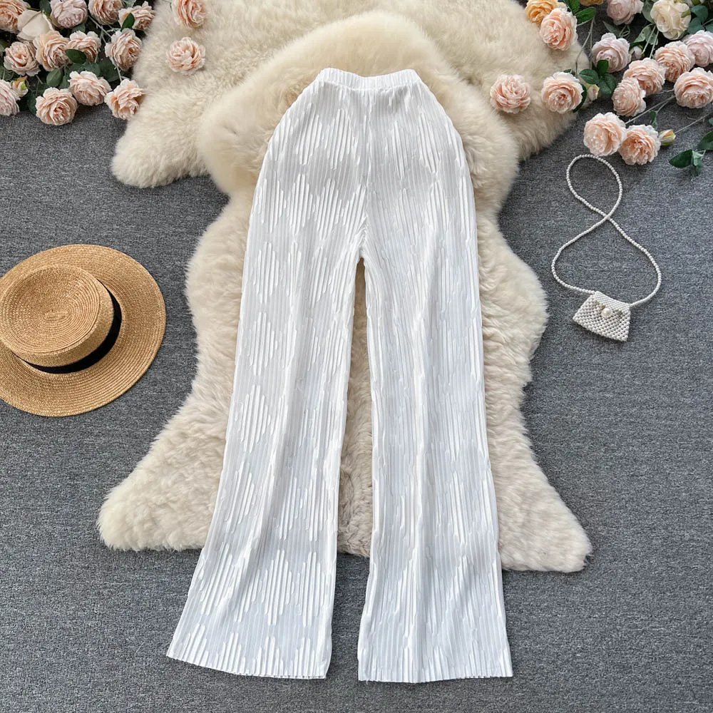 Spring and Summer High-Grade Sense Vintage Stripe Jacquard Design Sense Pleated Drooping Wide-Leg Pants Wide Hem Loose Casual Long Pants