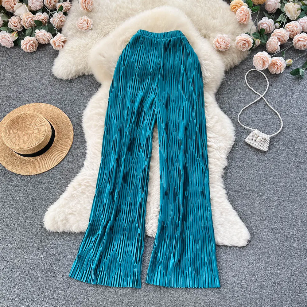 Spring and Summer High-Grade Sense Vintage Stripe Jacquard Design Sense Pleated Drooping Wide-Leg Pants Wide Hem Loose Casual Long Pants