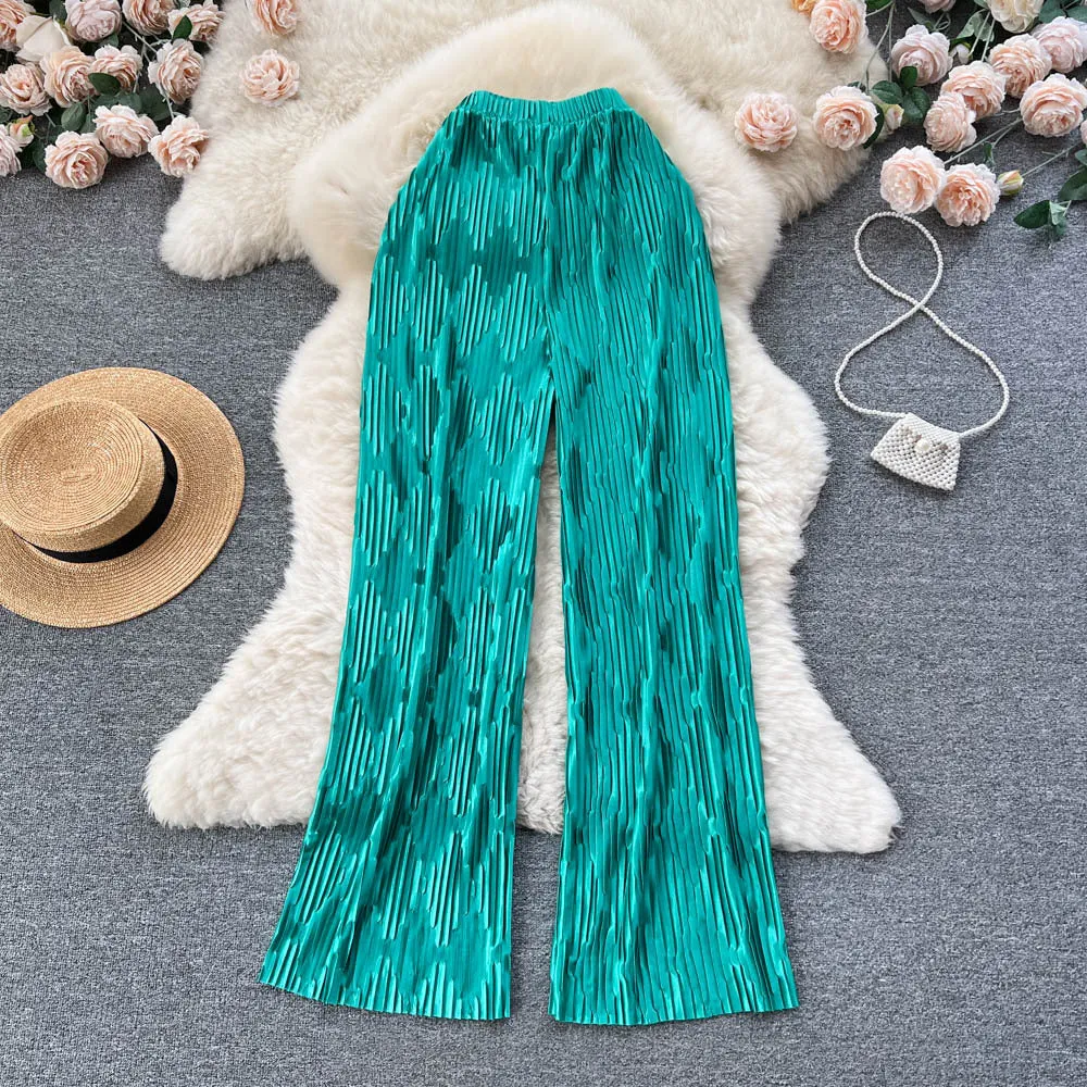 Spring and Summer High-Grade Sense Vintage Stripe Jacquard Design Sense Pleated Drooping Wide-Leg Pants Wide Hem Loose Casual Long Pants
